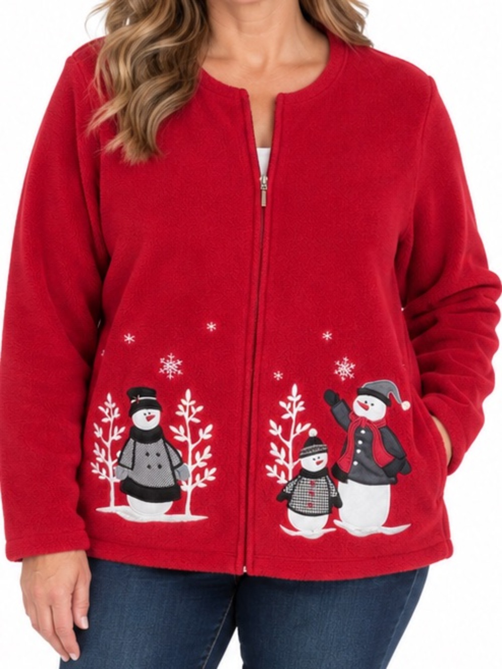 Croft & Barrow Snowman Christmas Fleece Jacket Red 1X Plus Size Holiday